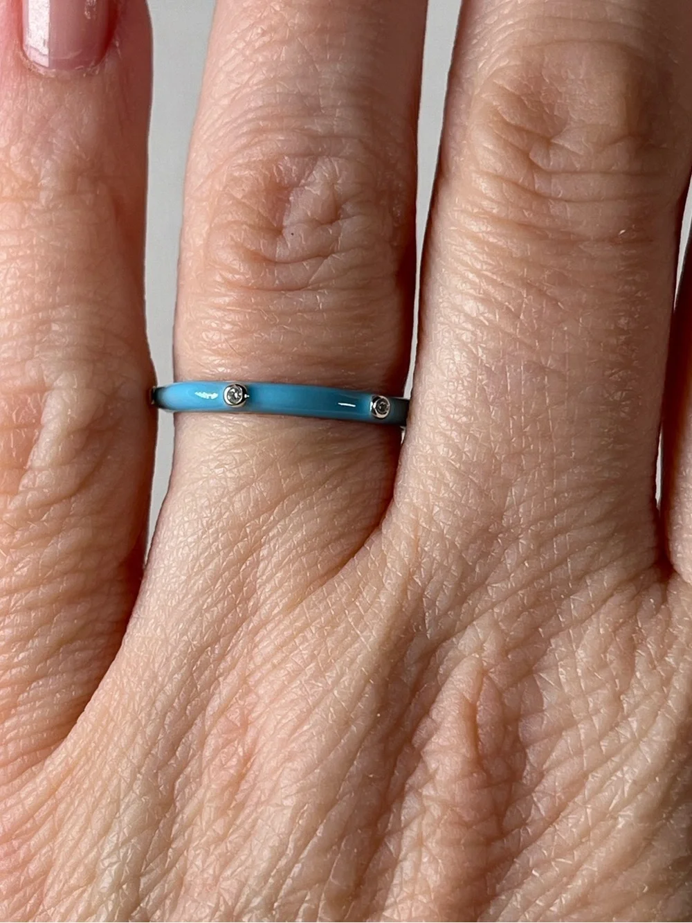 Rhodium Plated 925 Sterling Silver Turquoise Color Enamel Stacker Ring Size 7.25